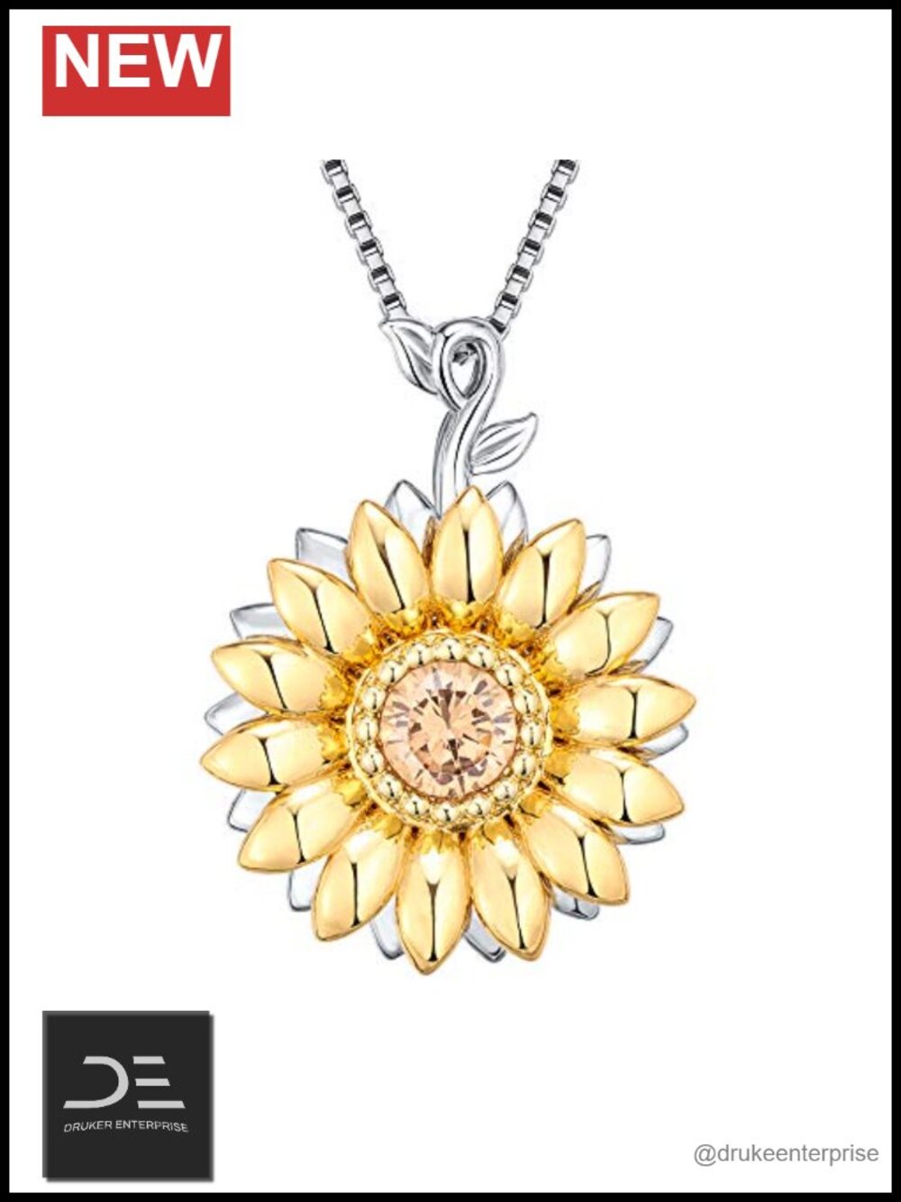 S925 Sterling Silver Sunflower Pendant Necklace Rotatable 5A Cubic Zirconia 18"